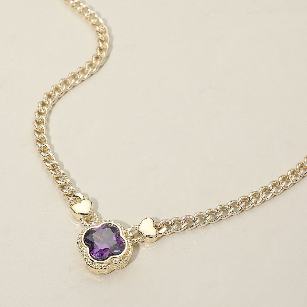 Madeline Love Amethyst , Gold 14K Gold Plated CZ Quatrefoil Pendant Pointed Chain Necklace