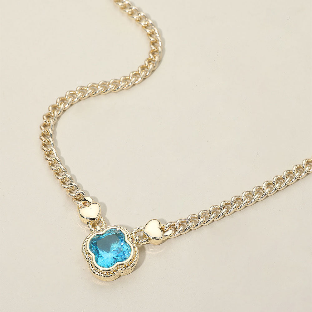 Madeline Love Blue, Gold 14K Gold Plated CZ Quatrefoil Pendant Pointed Chain Necklace