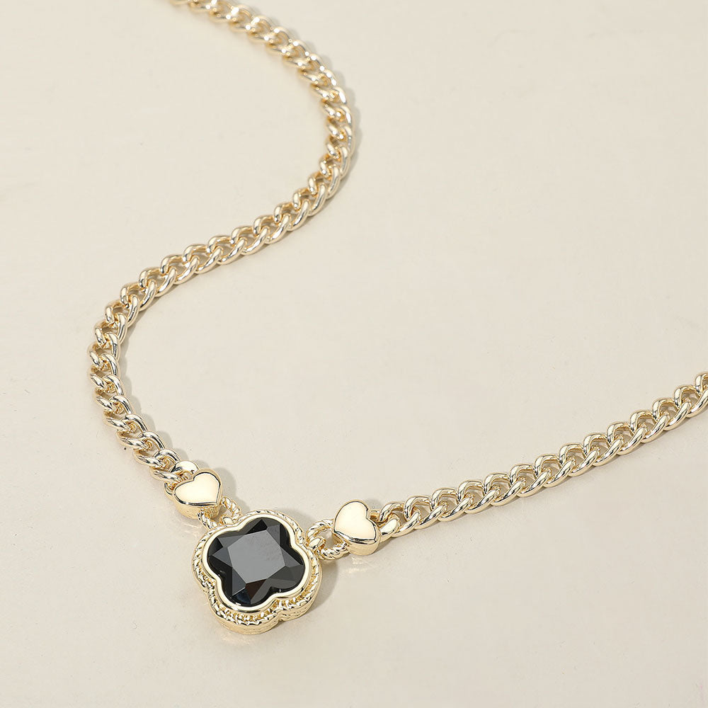 Madeline Love Gold, Jet Black 14K Gold Plated CZ Quatrefoil Pendant Pointed Chain Necklace