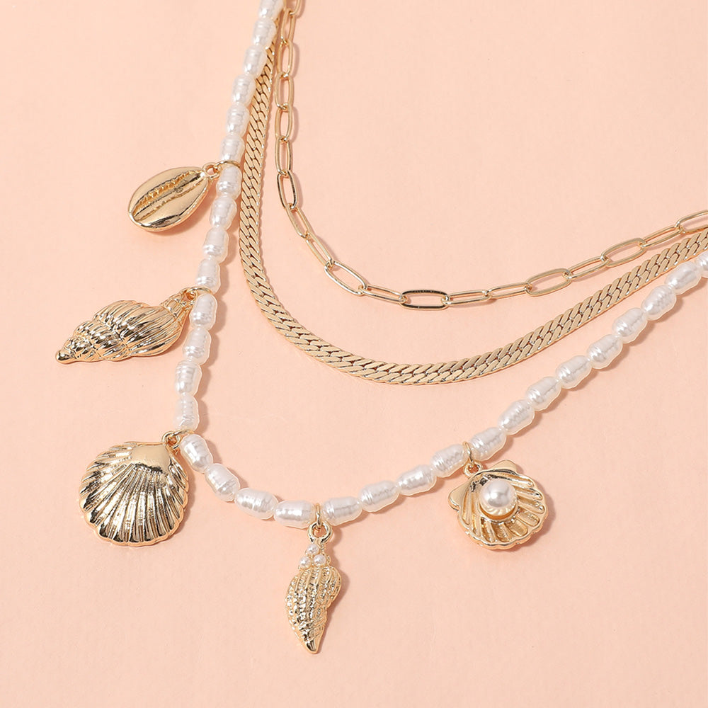 Cream, Gold Metal Seashell Puka Shell Charm Station Pearl Herringbone Paperclip Chain Layered Necklace