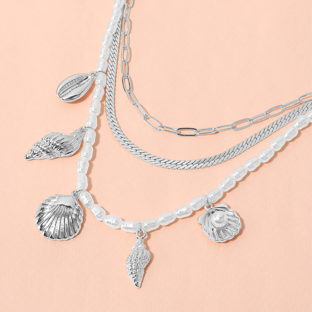 Cream, Silver Metal Seashell Puka Shell Charm Station Pearl Herringbone Paperclip Chain Layered Necklace