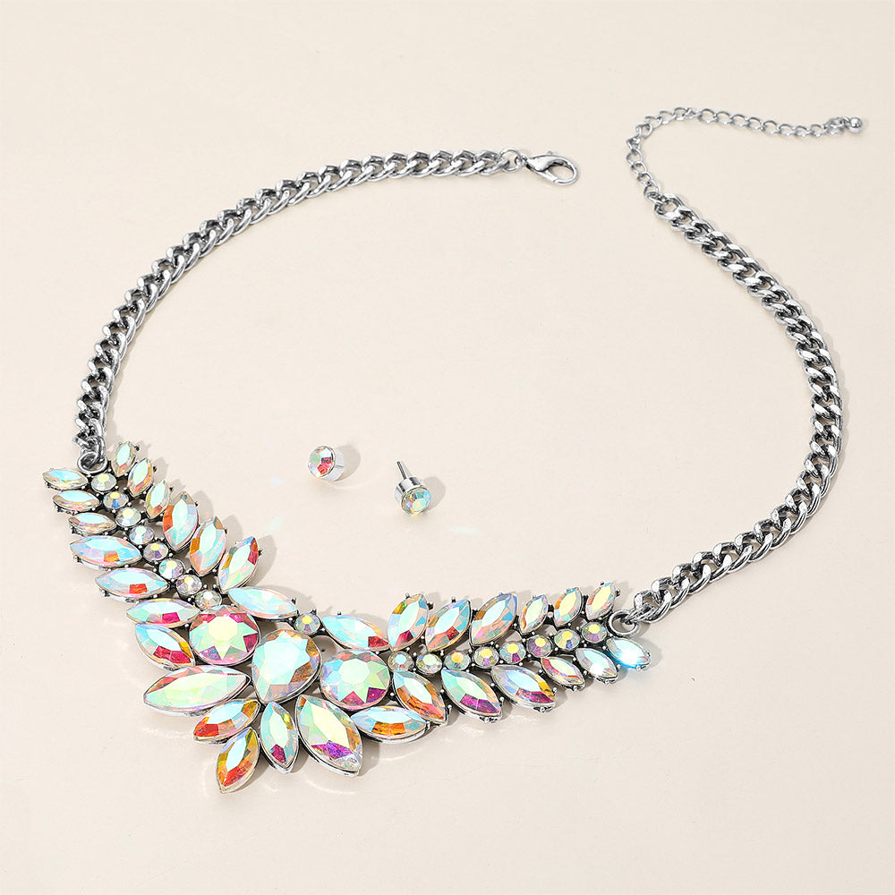 Madeline Love AB, Silver Burnished Iridescent Marquise Stone Cluster Statement Necklace