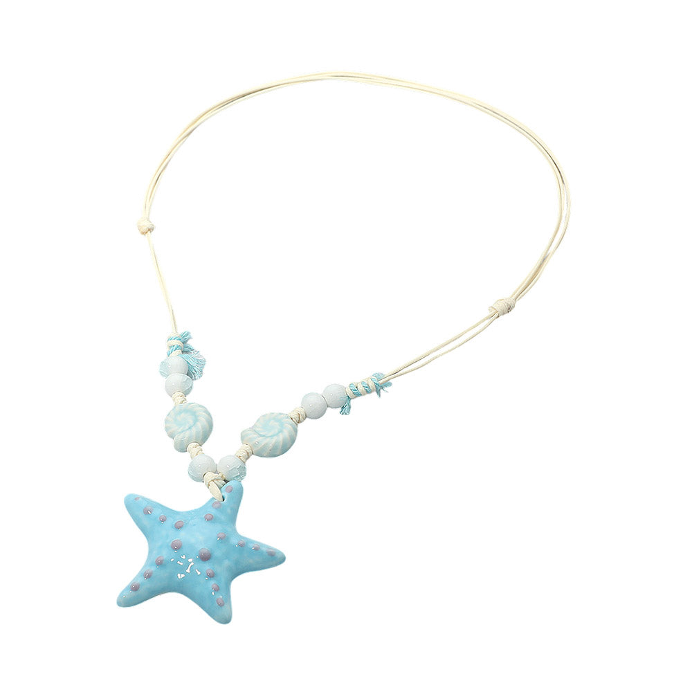 Madeline Love Light Blue Starfish Pendant Accent Shell Beaded Adjustable Cord Necklace - Necklaces - desc