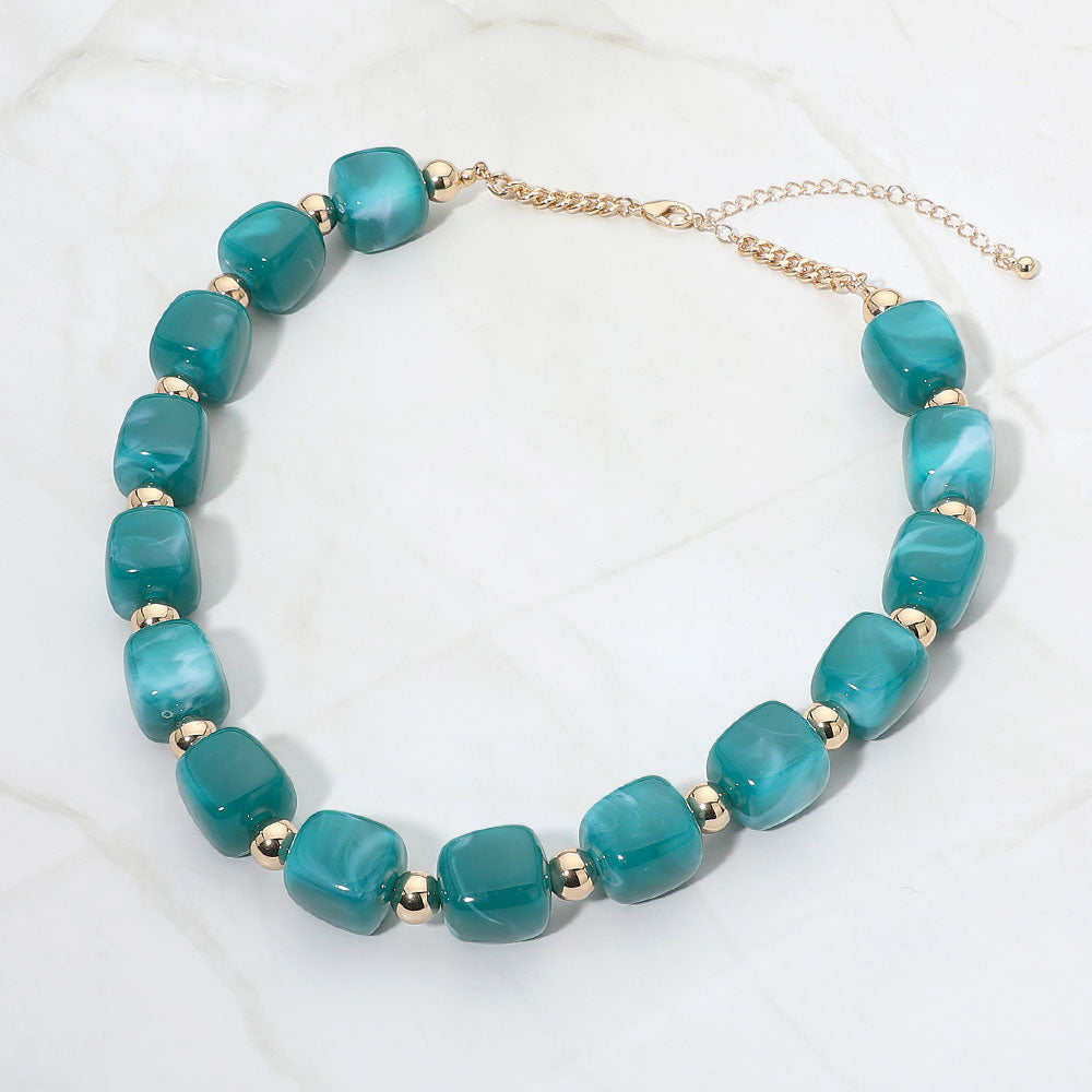 Madeline Love Blue, Gold Chunky Pebble Beaded Statement Necklace