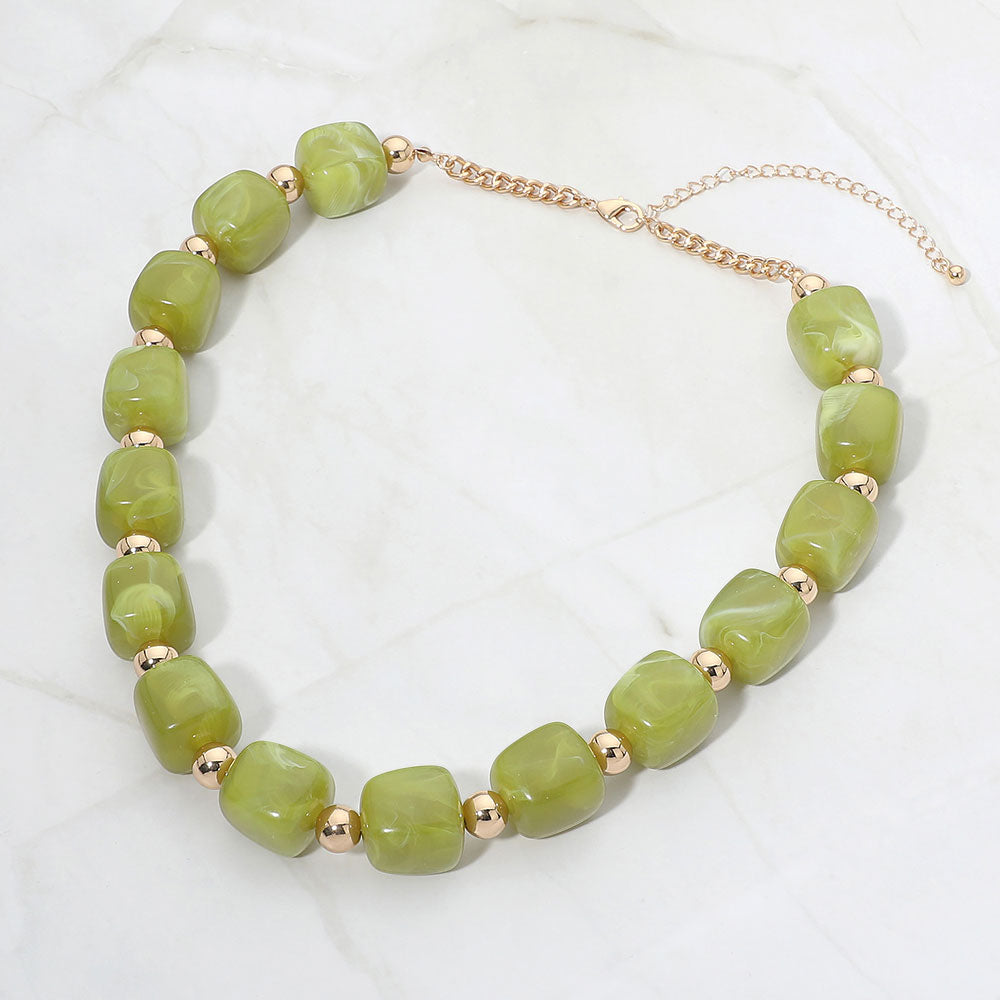 Madeline Love Gold, Olive Green Chunky Pebble Beaded Statement Necklace