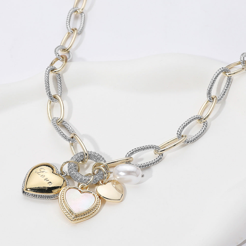 Madeline Love Two Tone Two Tone 14K Gold Plated CZ Stone Paved Ring LOVE Message Engraved Mother of Pearl Heart Pearl Charm Pendant Necklace