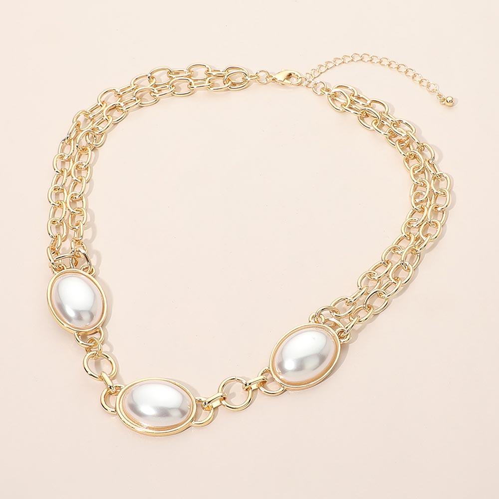 Madeline Love Cream, Gold Oval Pearl Cabochon Link Layered Chain Necklace