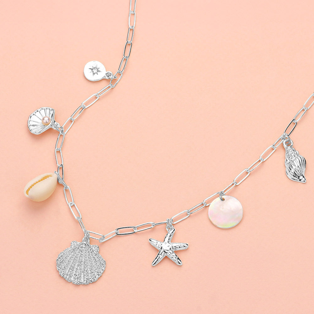 Cream, Silver Shell Starfish Puka Shell Charm Station Paperclip Chain Necklace