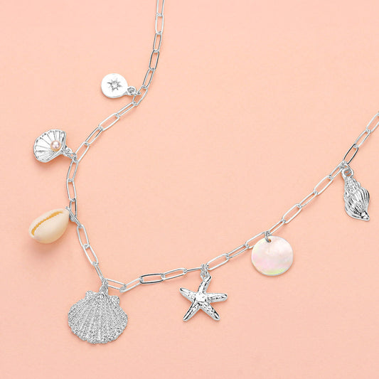 Cream, Silver Shell Starfish Puka Shell Charm Station Paperclip Chain Necklace
