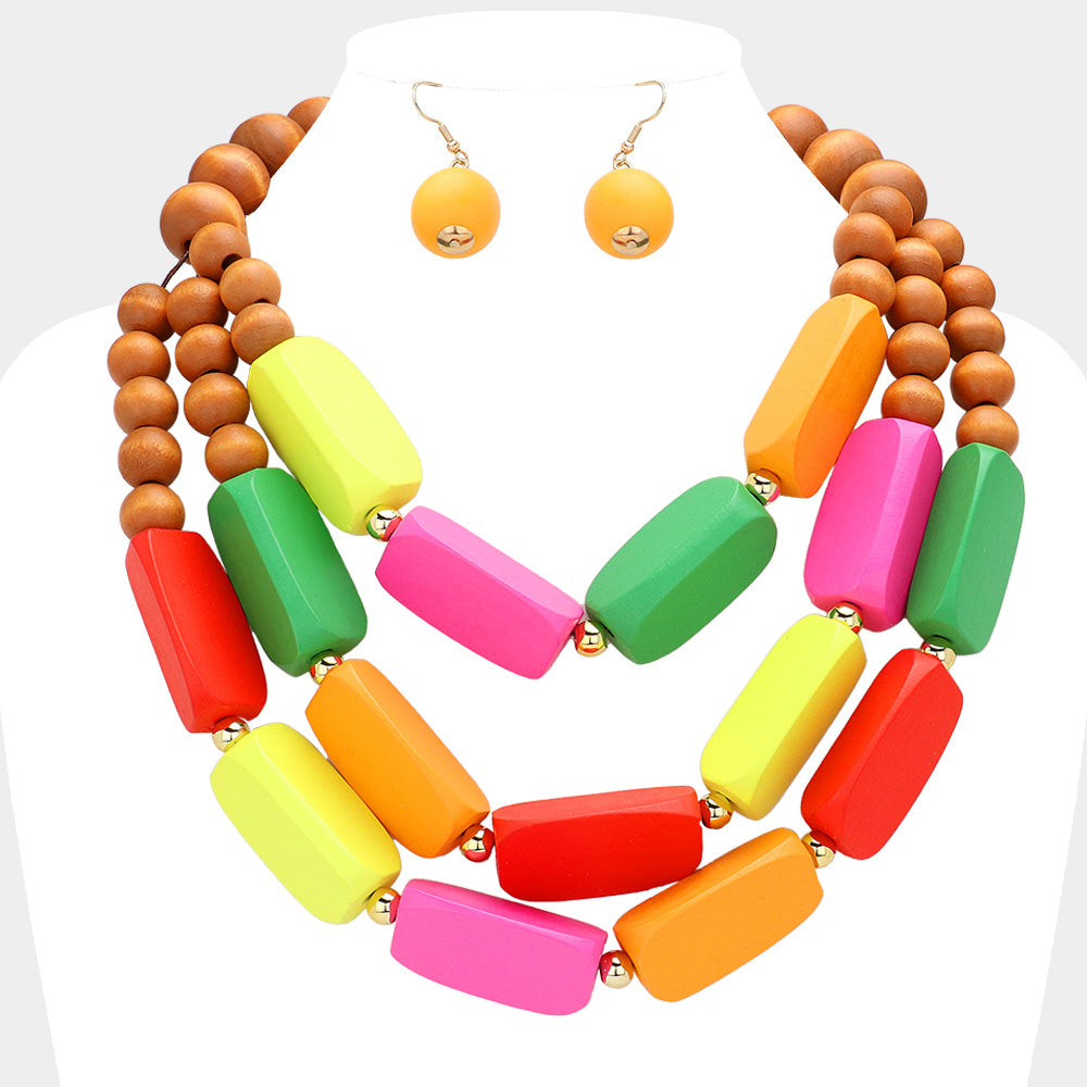 Madeline Love Multi Abstract Wooden Triple Layered Statement Necklace - Necklaces