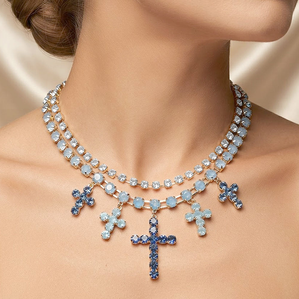 Madeline Love Blue, Gold, Opal Crystal Cross Charm Station Layered Statement Necklace