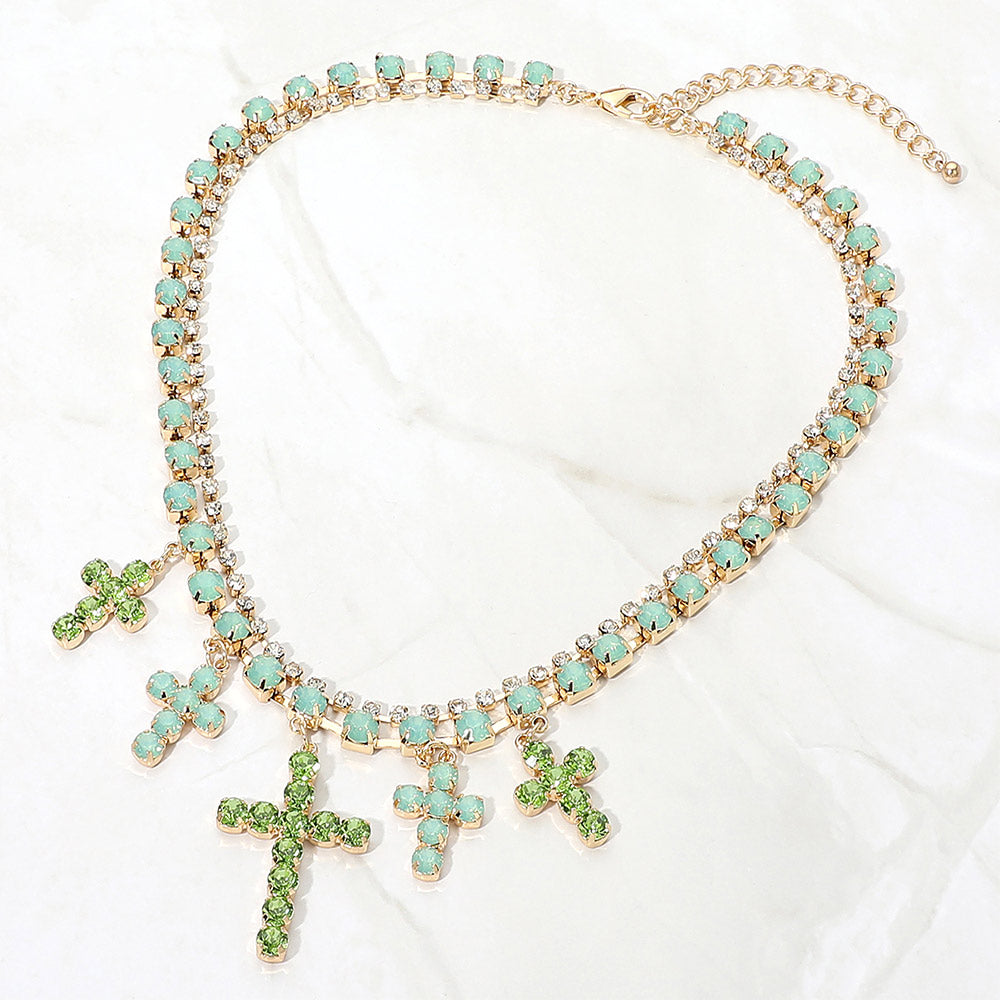 Madeline Love Gold, Green, Opal Crystal Cross Charm Station Layered Statement Necklace