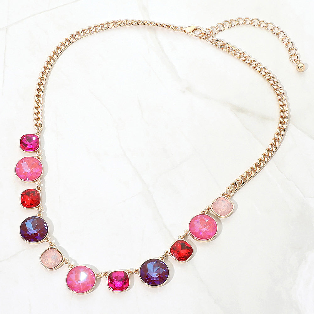 Madeline Love Multi, Pink Multicolor Round Cushion Stone Charm Along Necklace