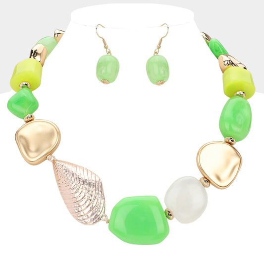 Madeline Love Gold, Green Metal Shell Pointed Resin Pebble Beaded Statement Necklace - Necklaces