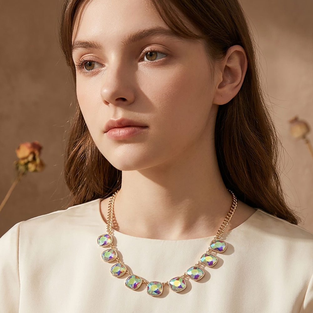 Madeline Love AB, Gold Faceted Square Gem Charm Station Necklace