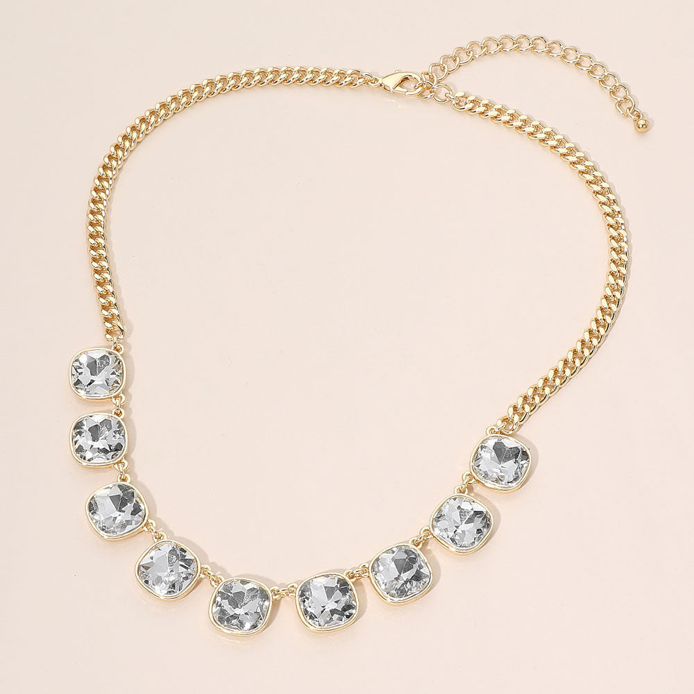 Madeline Love Clear, Gold Faceted Square Gem Charm Station Necklace