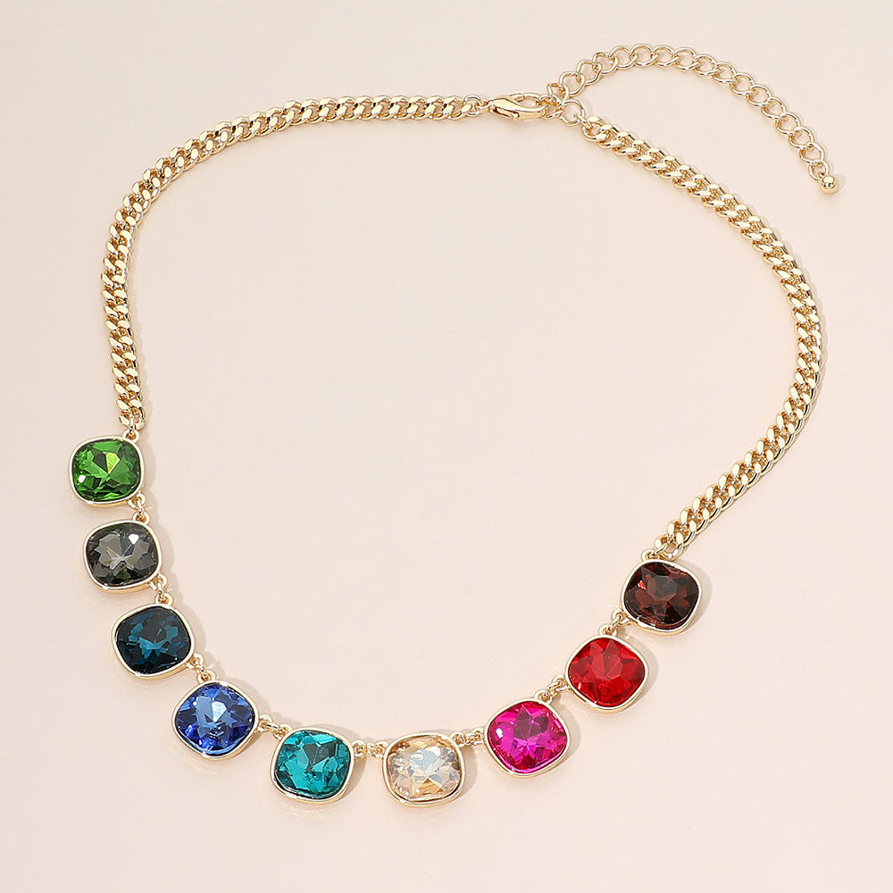 Madeline Love Gold, Multi Faceted Square Gem Charm Station Necklace