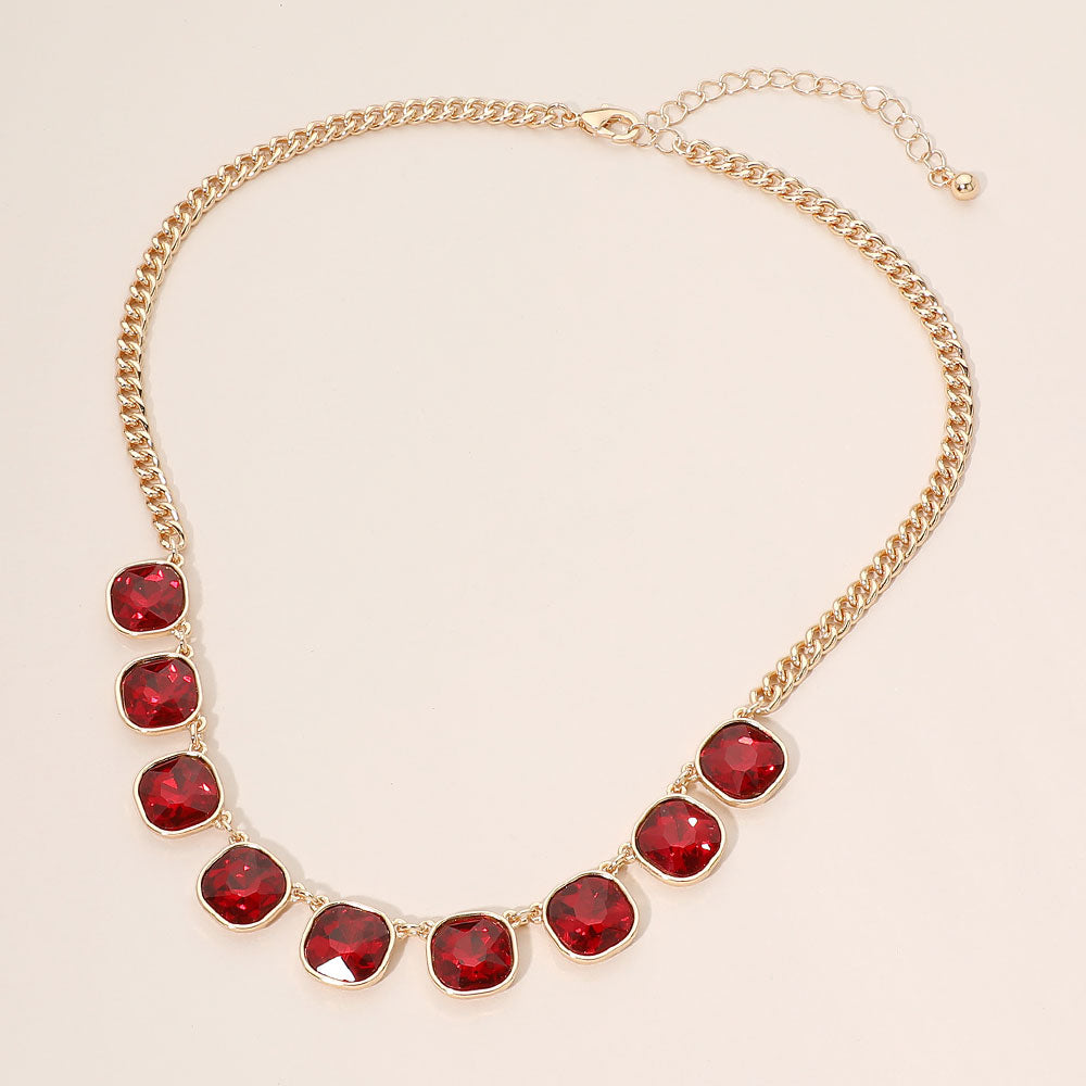 Madeline Love Gold, Siam Faceted Square Gem Charm Station Necklace