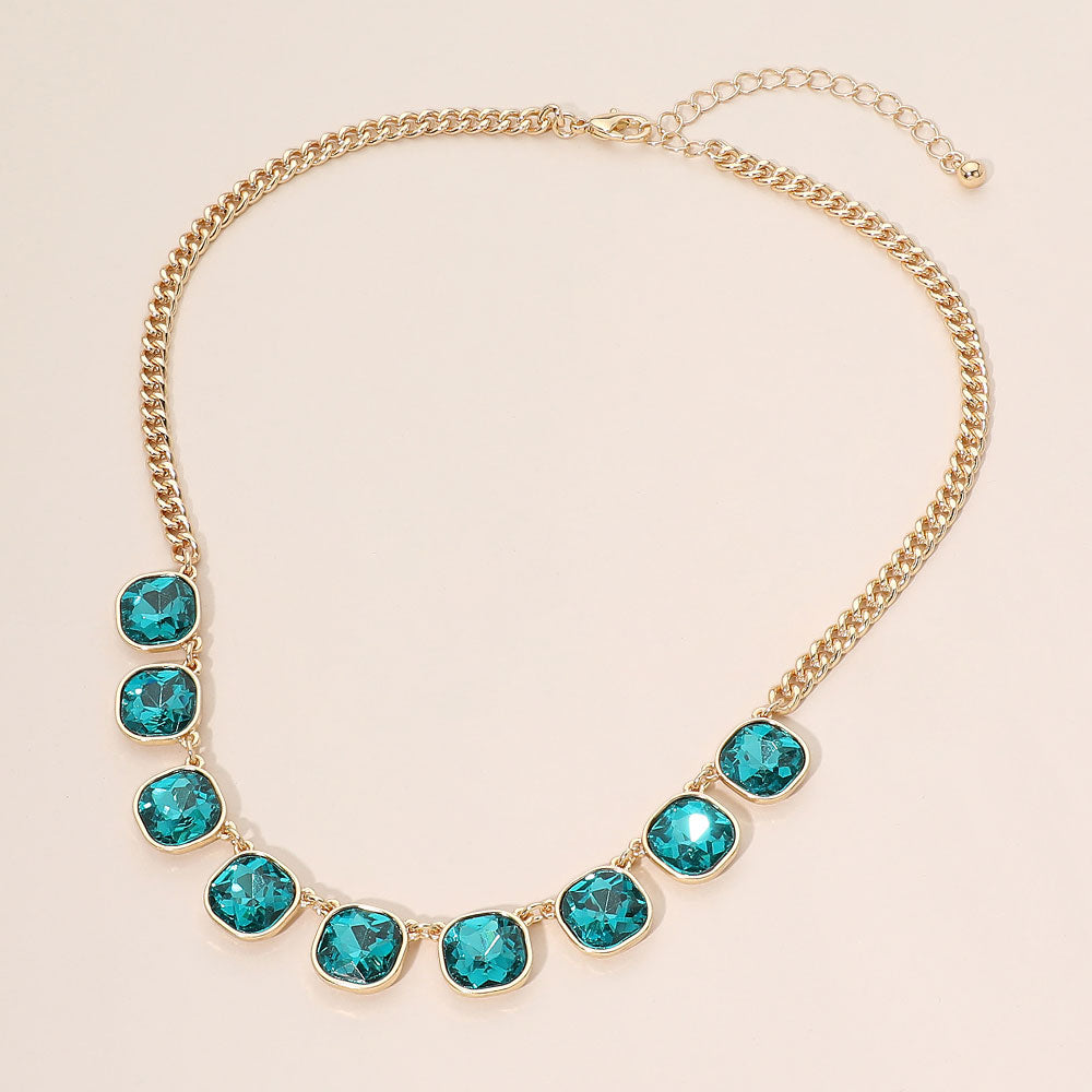 Madeline Love Gold, Turquoise Faceted Square Gem Charm Station Necklace