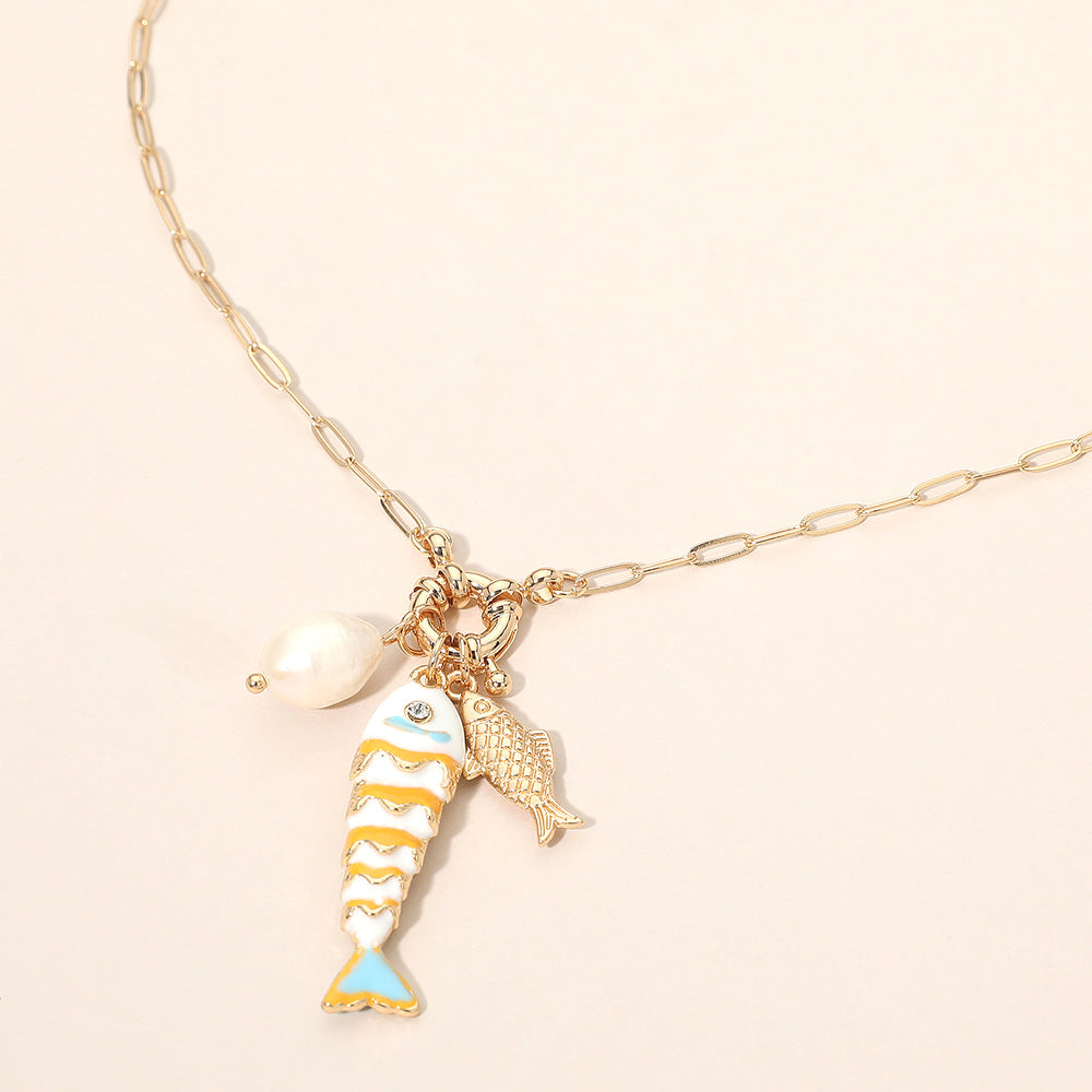 Madeline Love White Pearl Fish Charm Pendant Necklace - Necklaces