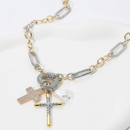 Madeline Love Two Tone Two Tone 14K Gold Plated CZ Stone Paved Heart Ring Cross Pearl Charm Pendant Necklace