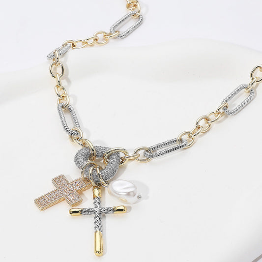 Madeline Love Two Tone Two Tone 14K Gold Plated CZ Stone Paved Heart Ring Cross Pearl Charm Pendant Necklace