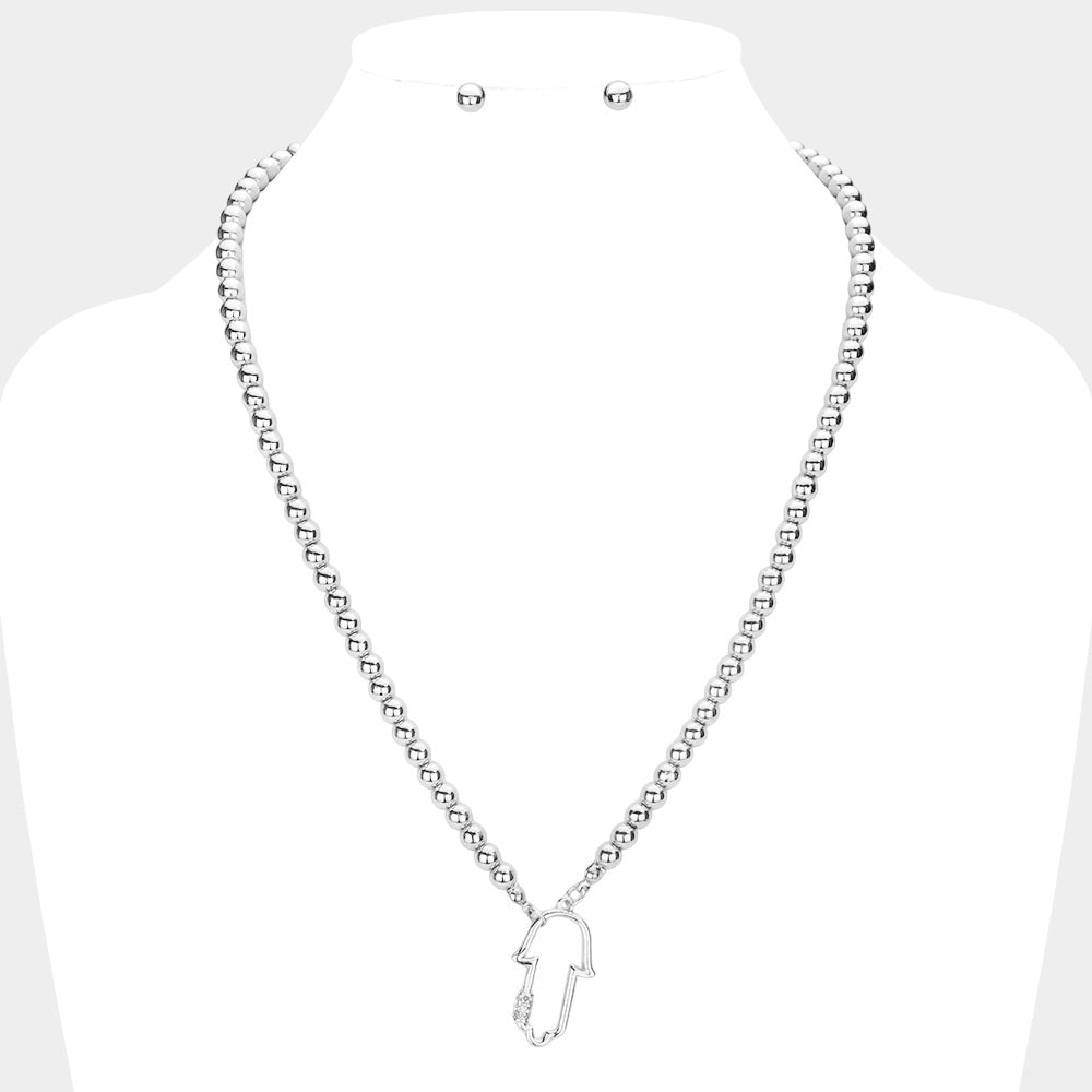 Madeline Love Rhodium Rhinestone Embellished Hamsa Hand Pendant Necklace - Necklaces
