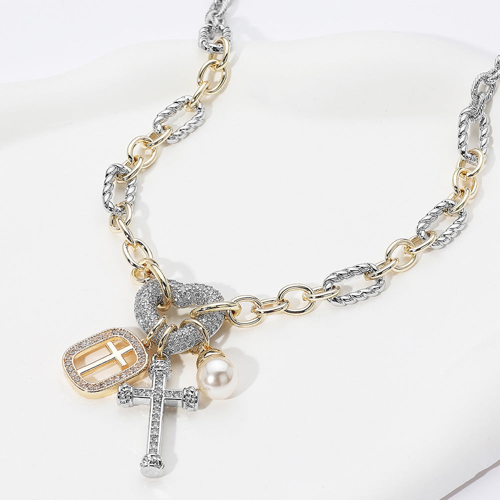 Madeline Love Two Tone Two Tone 14K Gold Plated CZ Stone Paved Heart Ring Cross Pearl Charm Pendant Necklace