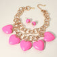 Madeline Love Fuchsia, Gold Chunky Wooden Heart Charm Station Layered Chain Necklace - Necklaces