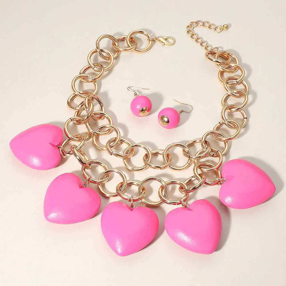 Madeline Love Fuchsia, Gold Chunky Wooden Heart Charm Station Layered Chain Necklace - Necklaces