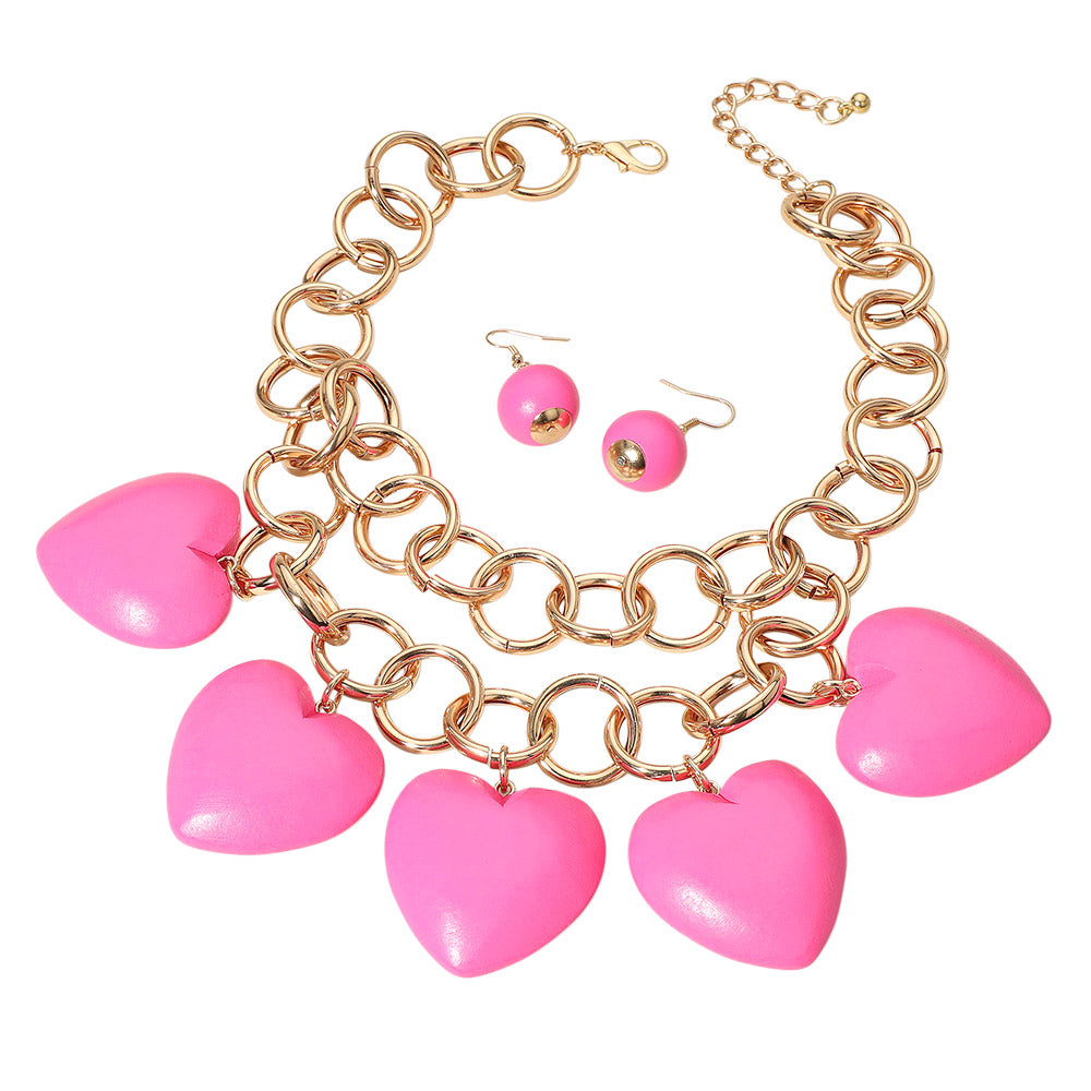 Madeline Love Fuchsia, Gold Chunky Wooden Heart Charm Station Layered Chain Necklace - Necklaces - desc