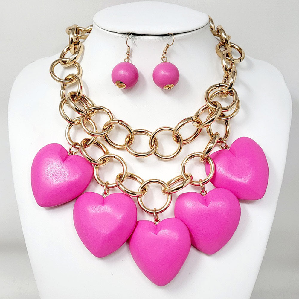 Madeline Love Fuchsia, Gold Chunky Wooden Heart Charm Station Layered Chain Necklace - Necklaces - extra