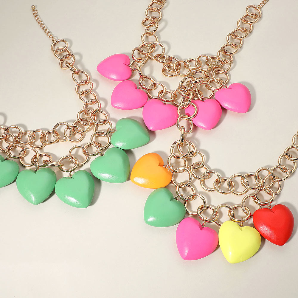 Madeline Love Fuchsia, Gold Chunky Wooden Heart Charm Station Layered Chain Necklace - Necklaces - extra
