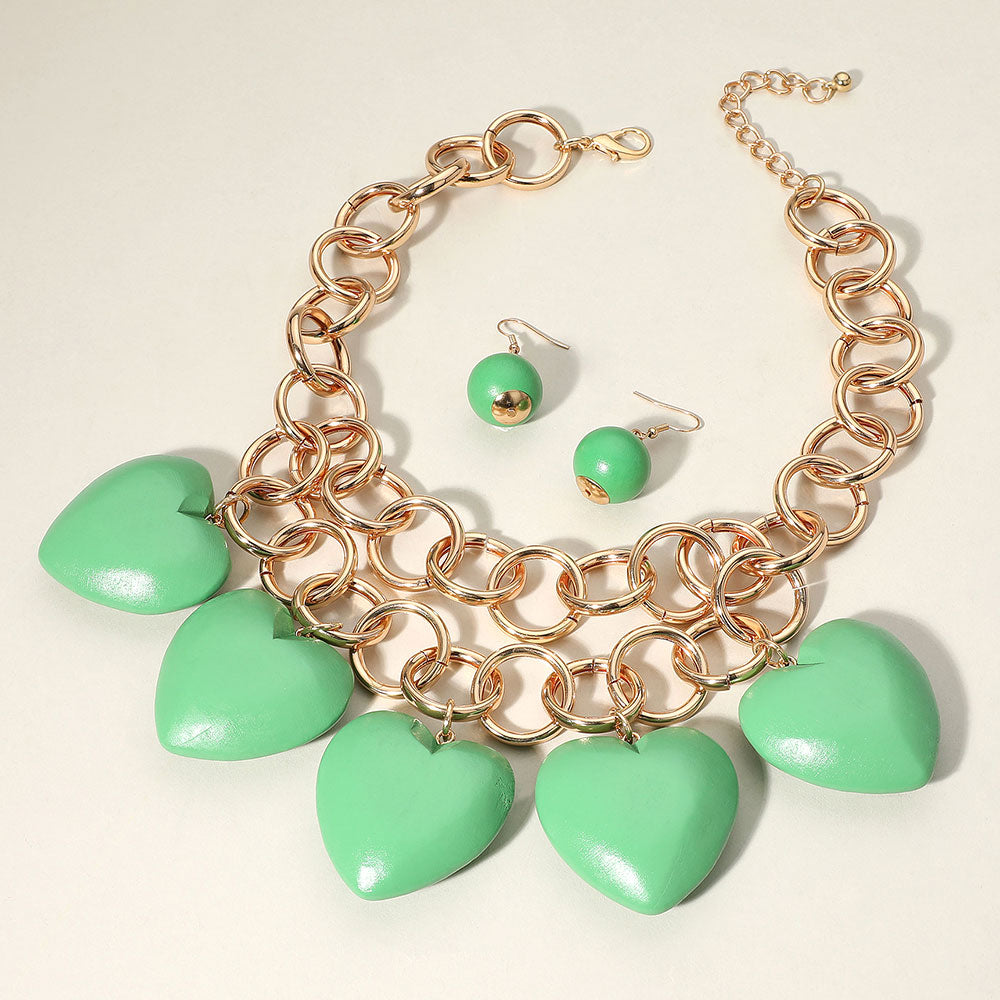 Madeline Love Gold, Green Chunky Wooden Heart Charm Station Layered Chain Necklace - Necklaces