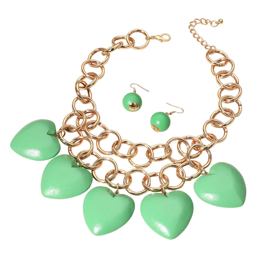 Madeline Love Gold, Green Chunky Wooden Heart Charm Station Layered Chain Necklace - Necklaces - desc
