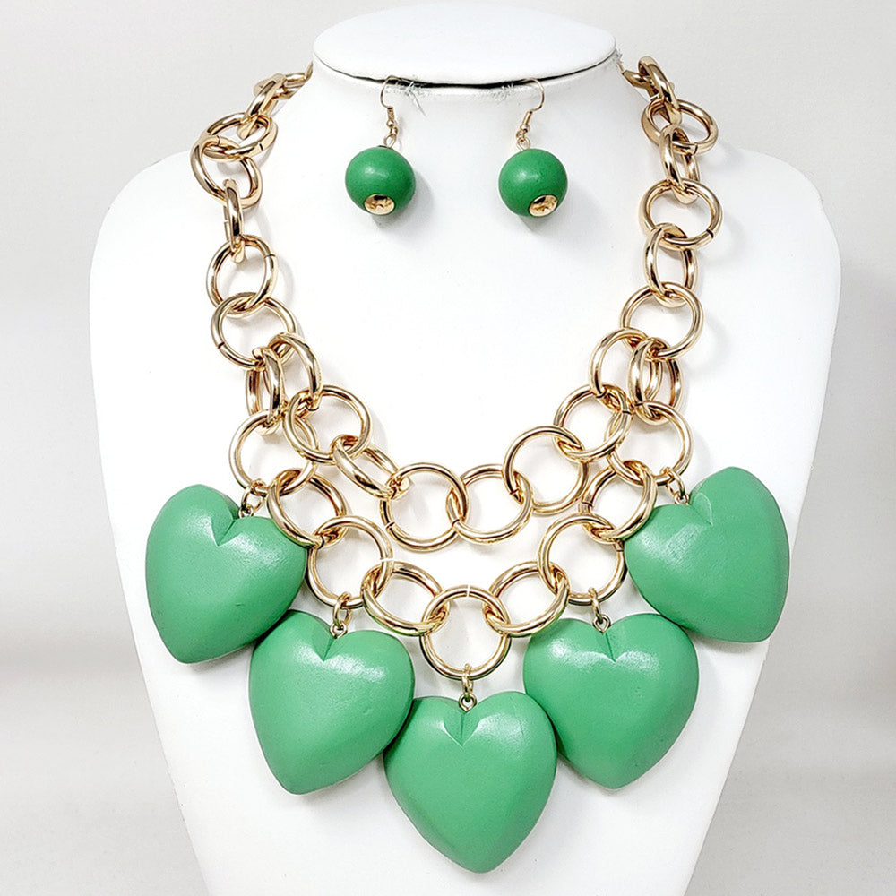 Madeline Love Gold, Green Chunky Wooden Heart Charm Station Layered Chain Necklace - Necklaces - extra