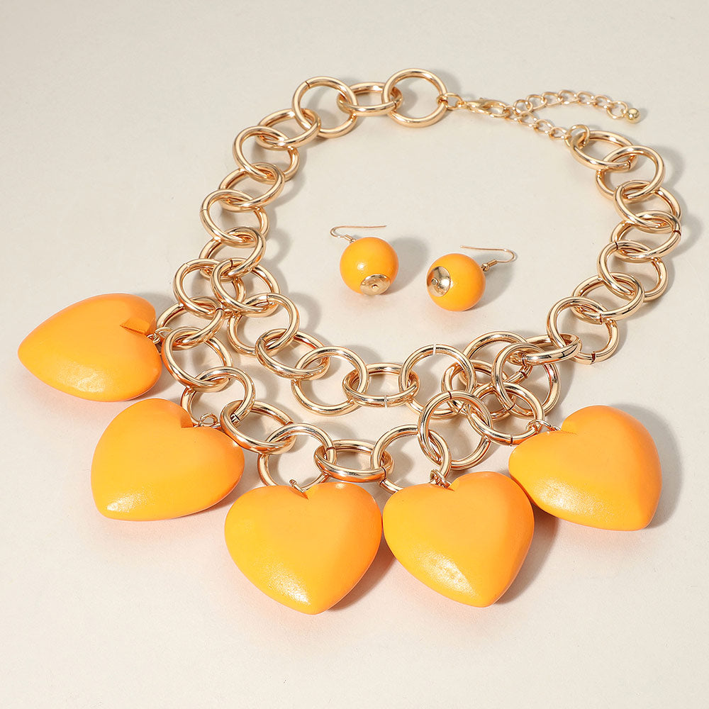 Madeline Love Gold, Orange Chunky Wooden Heart Charm Station Layered Chain Necklace - Necklaces