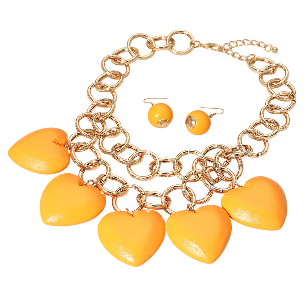 Madeline Love Gold, Orange Chunky Wooden Heart Charm Station Layered Chain Necklace - Necklaces - desc