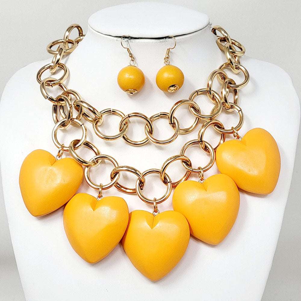 Madeline Love Gold, Orange Chunky Wooden Heart Charm Station Layered Chain Necklace - Necklaces - extra