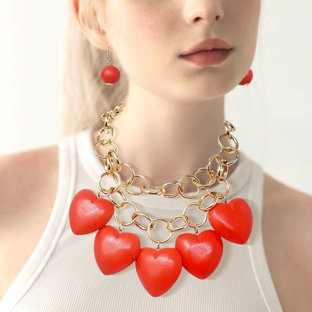 Madeline Love Gold, Red Chunky Wooden Heart Charm Station Layered Chain Necklace - Necklaces