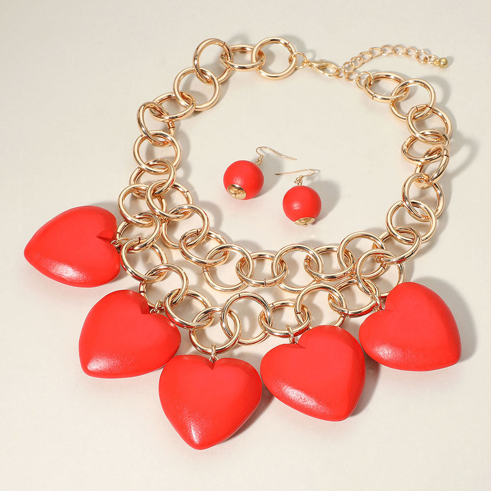 Madeline Love Gold, Red Chunky Wooden Heart Charm Station Layered Chain Necklace - Necklaces - desc