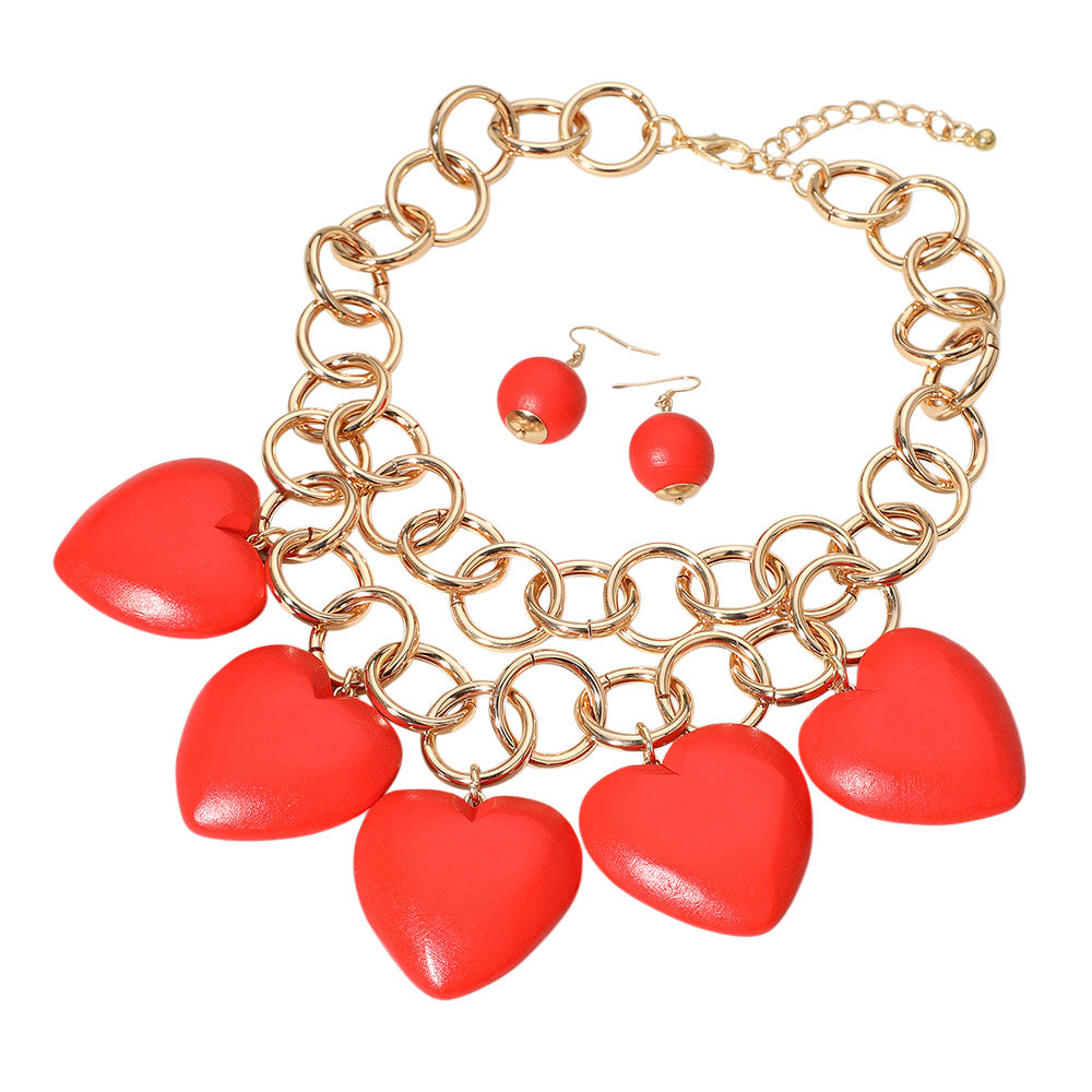 Madeline Love Gold, Red Chunky Wooden Heart Charm Station Layered Chain Necklace - Necklaces - extra