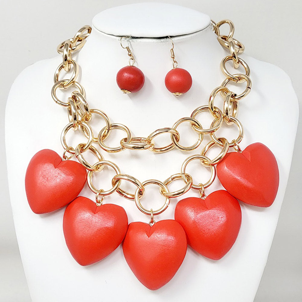 Madeline Love Gold, Red Chunky Wooden Heart Charm Station Layered Chain Necklace - Necklaces - extra