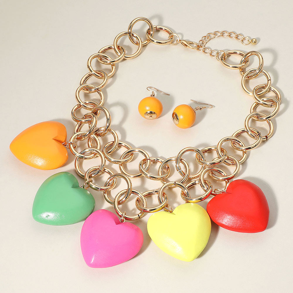Madeline Love Multi Chunky Wooden Heart Charm Station Layered Chain Necklace - Necklaces