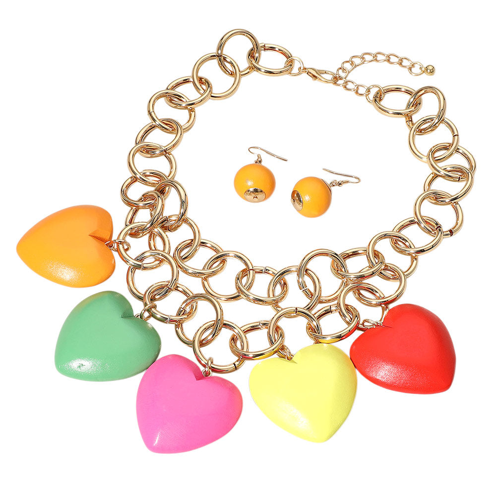 Madeline Love Multi Chunky Wooden Heart Charm Station Layered Chain Necklace - Necklaces - desc