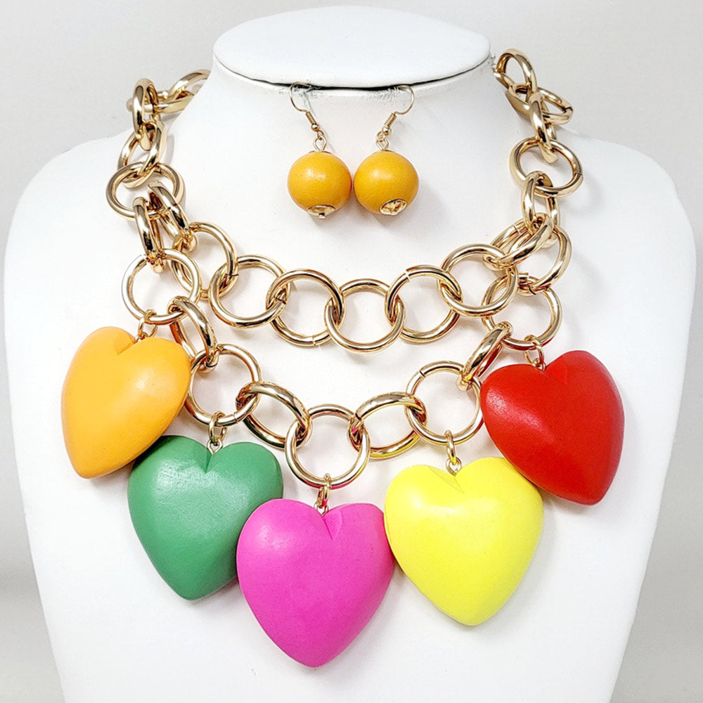 Madeline Love Multi Chunky Wooden Heart Charm Station Layered Chain Necklace - Necklaces - extra