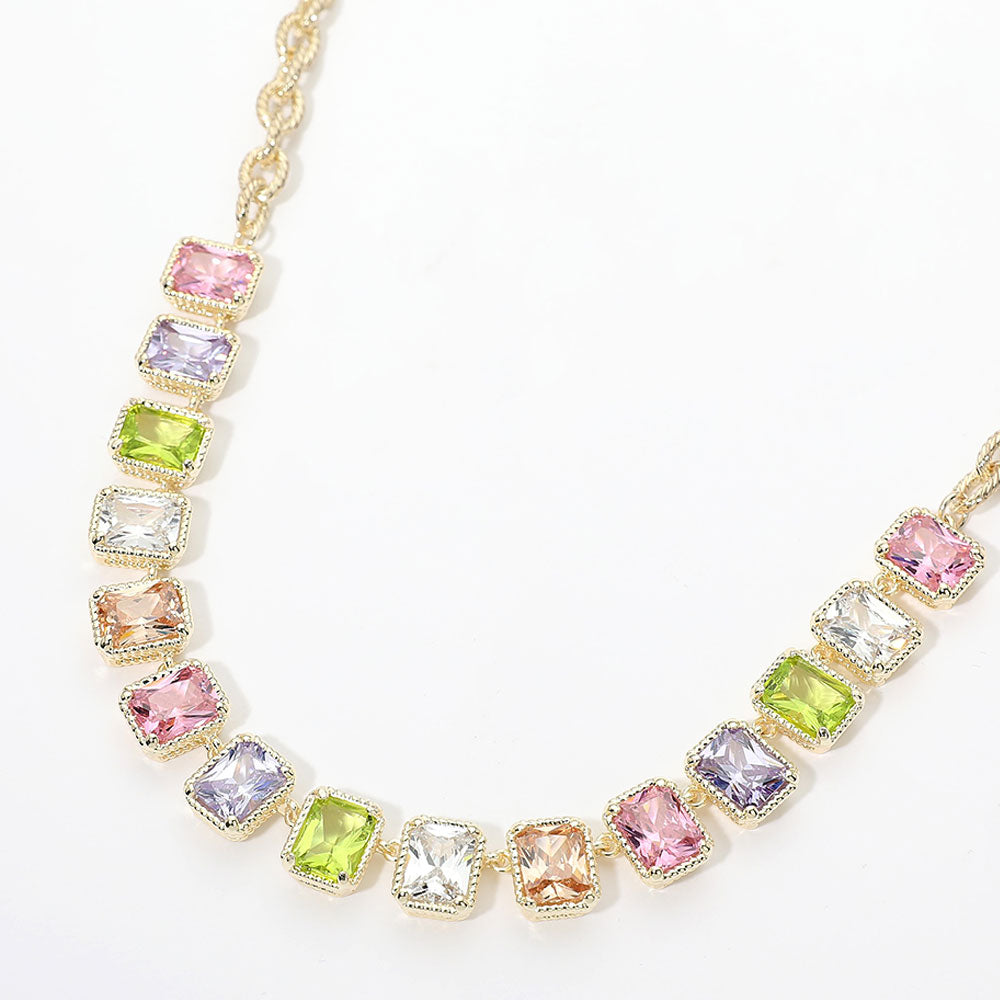Madeline Love Gold, Multi 14K Gold Plated Colorful Rectangular CZ Cluster Frame Link Necklace
