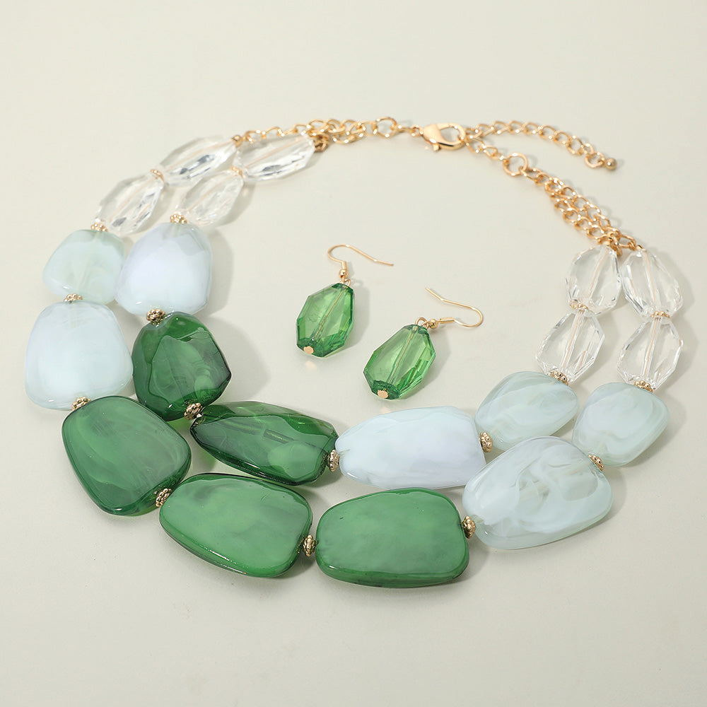 Madeline Love Gold, Green Chunky Abstract Resin Beaded Layered Statement Necklace - Necklaces