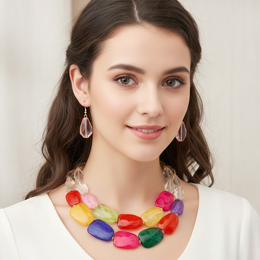 Madeline Love Gold, Multi Chunky Abstract Resin Beaded Layered Statement Necklace - Necklaces