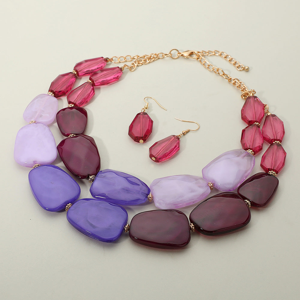 Madeline Love Gold, Purple Chunky Abstract Resin Beaded Layered Statement Necklace - Necklaces